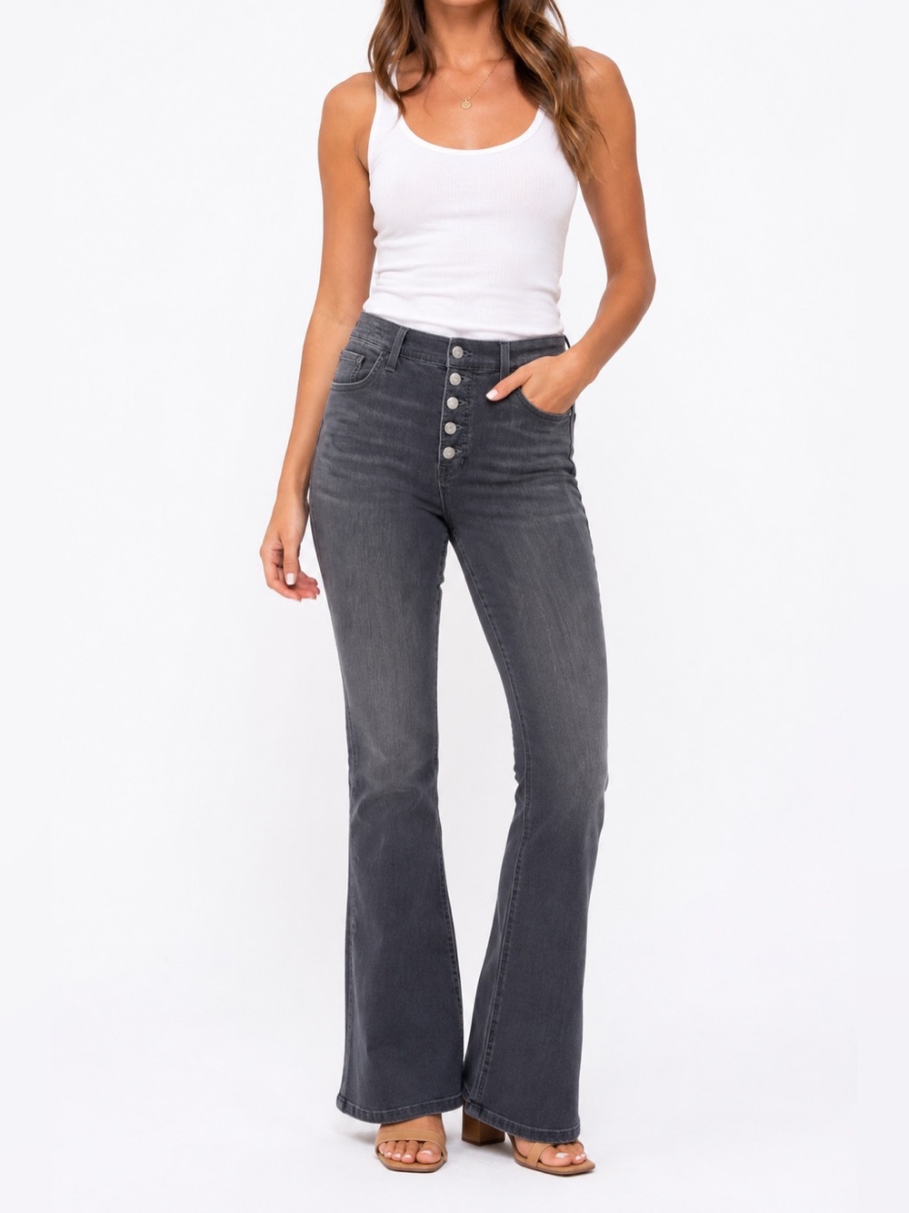 Veronica Beard Beverly Skinny Flare High Rise Jeans Size 27 Charcoal Gray Button